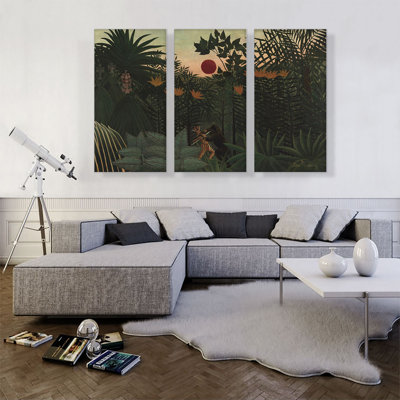 «Exotic Landscape Fight Entre Gorilla and Indian 1910» par Henri Rousseau - ensemble de 3 reproductions d'art sur toiles tendues