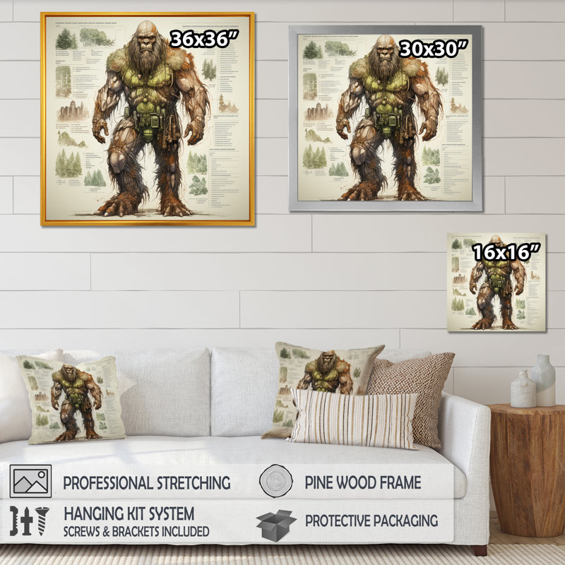 Schéma de dessin Bigfoot - Bigfoot Wall Art Living Room, Cadre simple noir, H 24 po x l 24 po x P 1 po