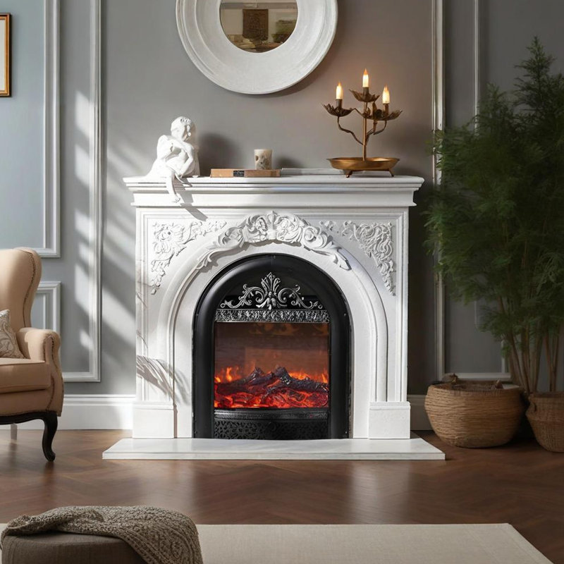 45.67"Retro Carved Simulated Flame Electric Fireplace Heater, White