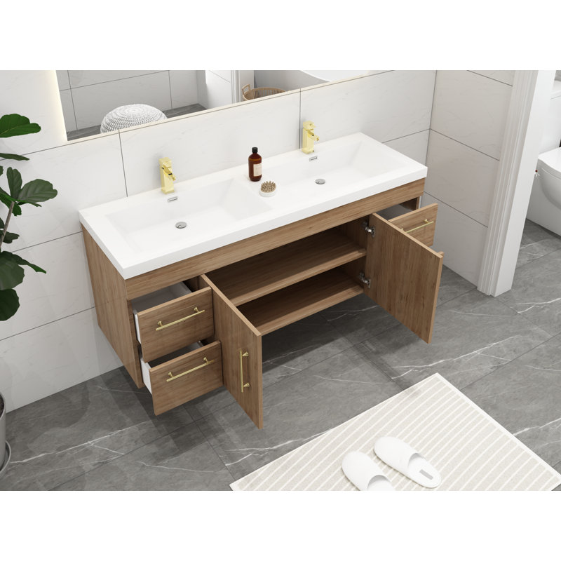 Meuble-lavabo mural double 59 po Romer, Naturel / chêne, Or
