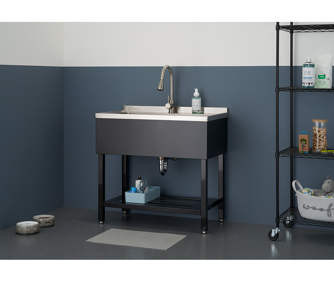 TRINITY 36 in. W x20 in. D Freestanding Utility Sink in Stainless Steel and Black w/ Pull-Out Faucet Trinity