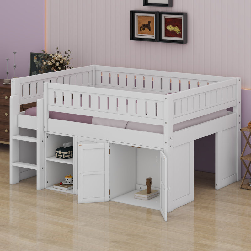 Lit mezzanine avec armoire de rangement et tableau noir, Blanc