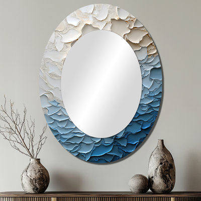 White And Blue Coastal Mosaic V - Large Oval Wall Mirror On Metal