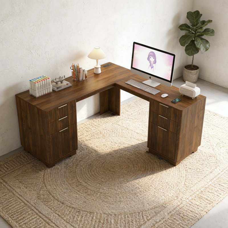 59.8" L-Shape Executive Desk With Built-In Outlets And 6 Storage Drawers, Walnut