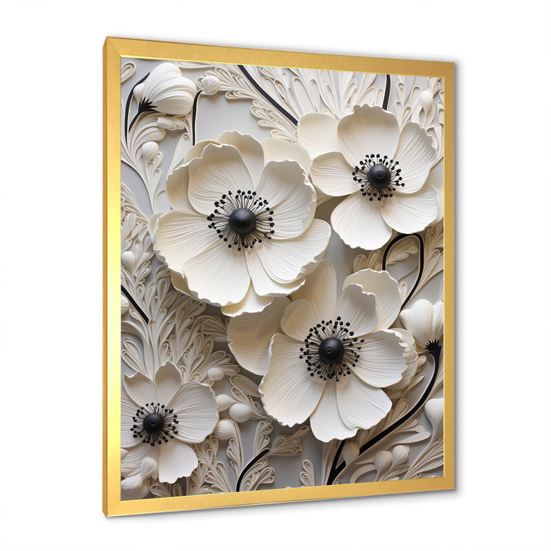Décoration murale blanche renoncules blancs sur beige II - renoncules, H 40 po x l 30 po x P 1,5 po, Cadre doré simple