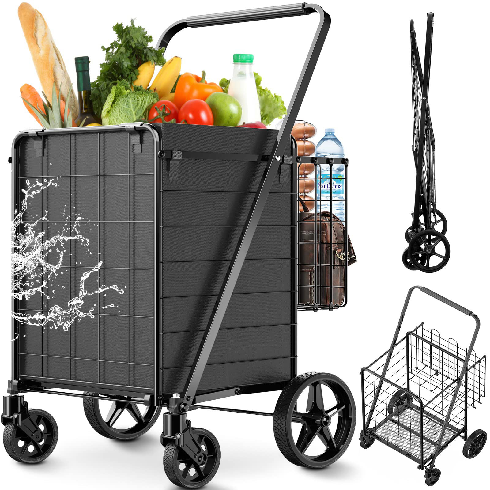 BOJUNTAN Upgraded Jumbo Grocery Cart With Waterproof Liner, 360