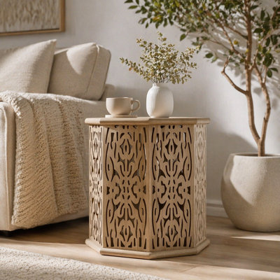 Watsonville Natural Brown Octagonal Solid Mango Wood Side Table
