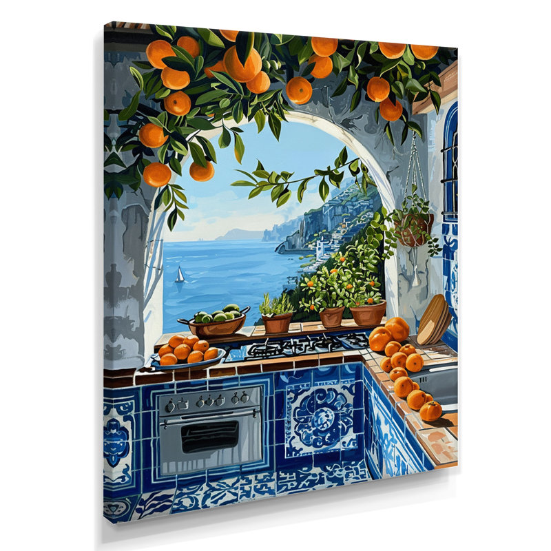 Window View Mediterranean Sea Kitchen Oranges II - Kitchen Wall Art Living Room, 20" H x 12" W x 1" D, Wrapped Canvas