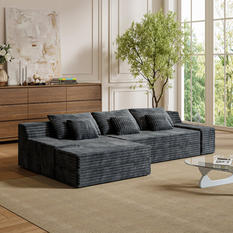 Latitude Run Corduroy High-Density Foam Sofa with Three Cushions (Dark Gray)