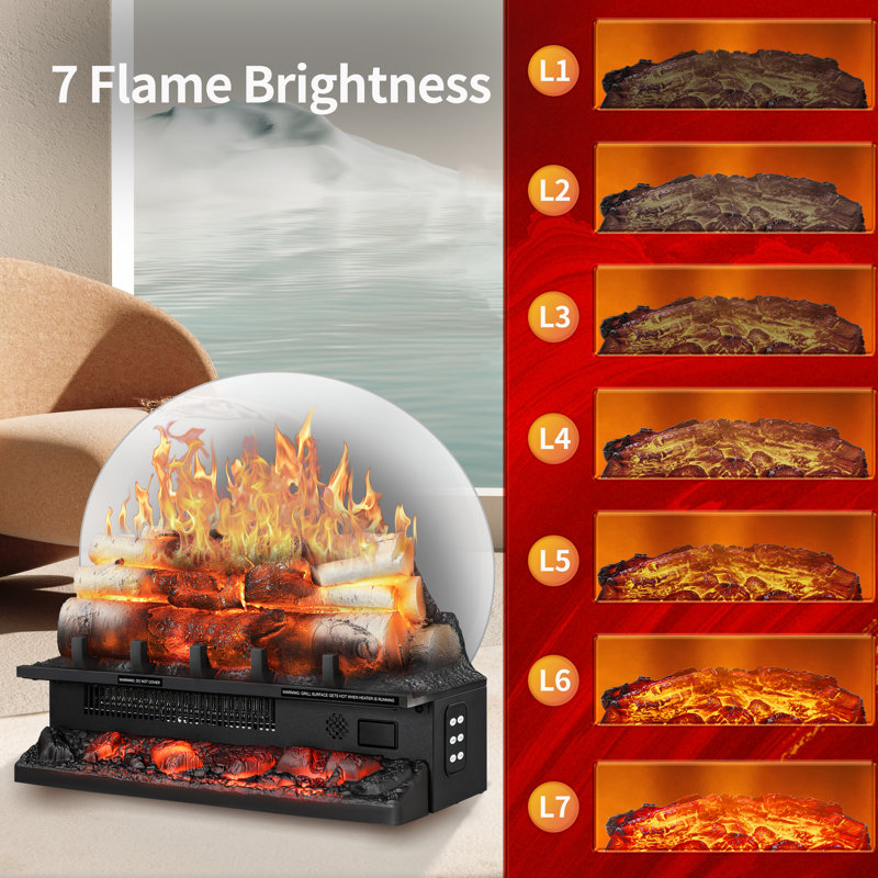  Electric fireplace log heater with remote control, realistic ember bed, adjustable brightness, temperature, speed, and sound effects.