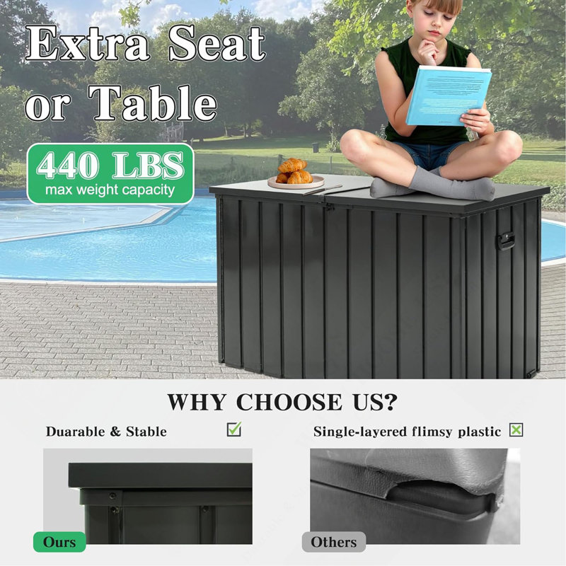 200 Gallon Metal Deck Box, Waterproof Outdoor Storage Box with Lockable Lid, Large Pool Storage Cabinet for Patio Furniture Garden Tools Pool-Supplies