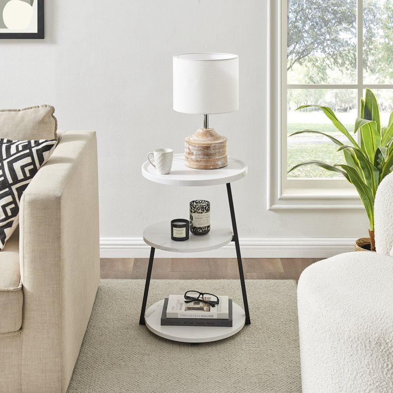 Skylar White Marble and Black Metal 3-Tier Round Accent Table