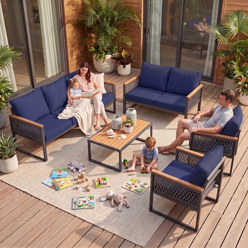  Ensemble de conversation pour 7 personnes avec table basse à motif grain de bois et coussins résistants aux intempéries