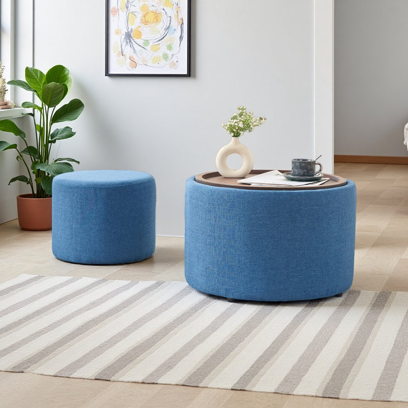 Repose-pieds gigognes avec rangement Ball & Cast, repose-pieds en lin avec plateau en bois, table basse ronde et banc, Bleu