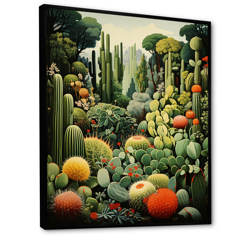 Cactus olive oasis sur toile, H 40 po x l 30 po x P 1,5 po, Cadre flottant noir