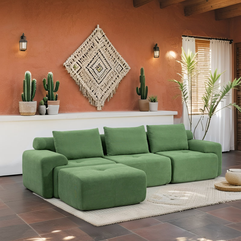 Boneless Green Corduroy L-shaped Sectional Sofa With 1 Ottoman, Green Corduroy