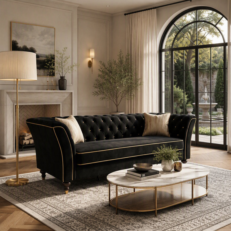 Grand canapé de 227 cm pour salon, canapé 3 places confortable avec assise profonde, Velours noir