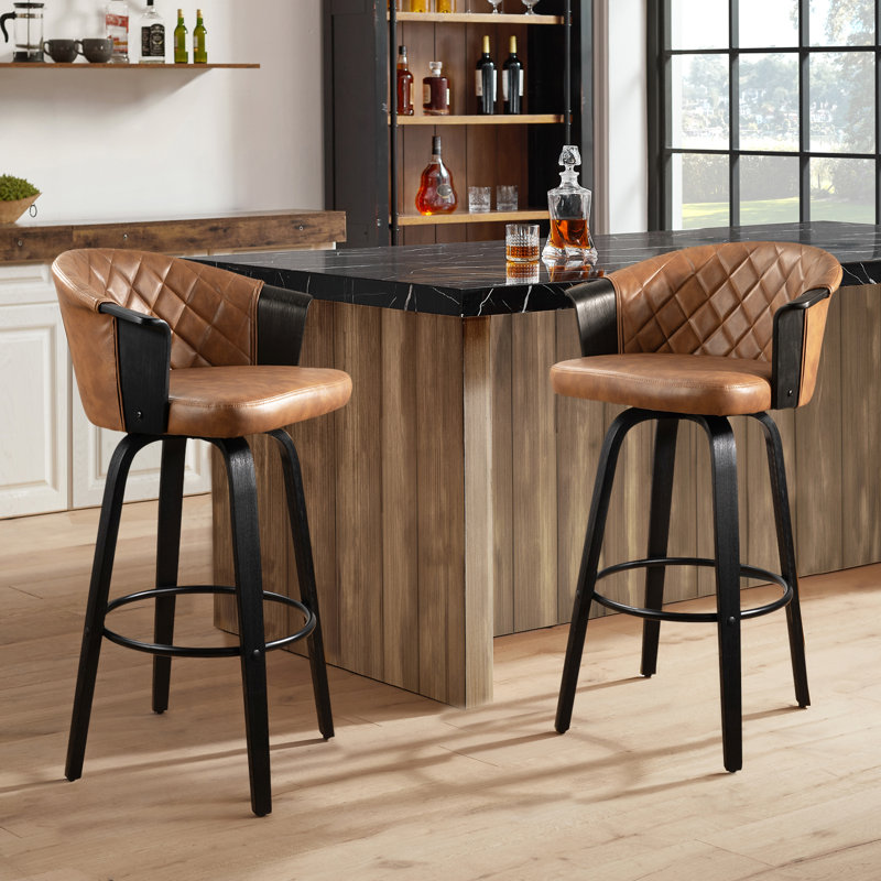 Tabouret de comptoir pivotant rembourré en cuir de polyuréthane 30,51 po Lesli, Brun / Noir