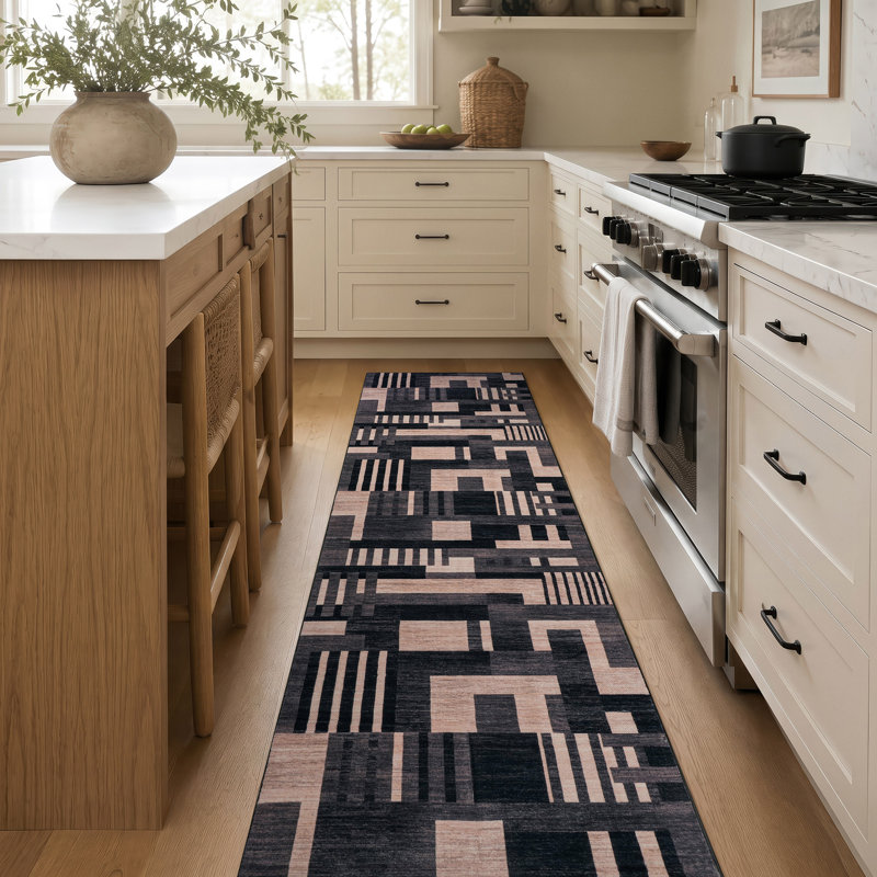 Tapis noir antidérapant à motif de blocs de couleur lavable à la machine, 2 pi x 10 pi