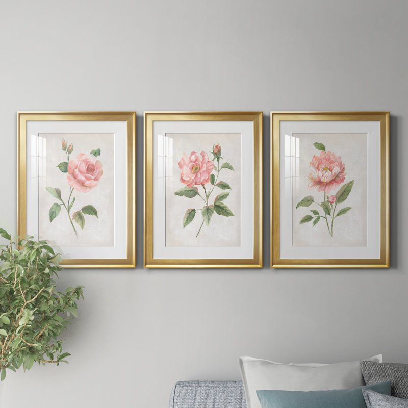 Grandiflora I - ensemble de 3 impressions encadrées, Encadrement doré, H 26,5 po x l 109,75 po x P 1,5 po
