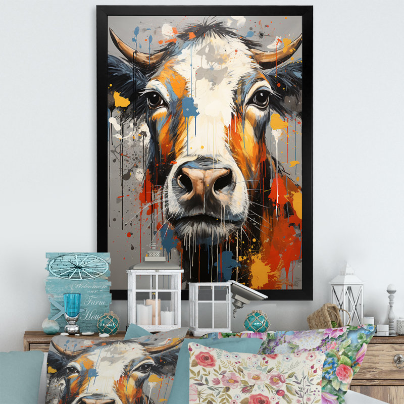 Popart Urban Cow I, reproduction d'art sur toile, Cadre simple noir, H 32 po x l 24 po x P 1 po