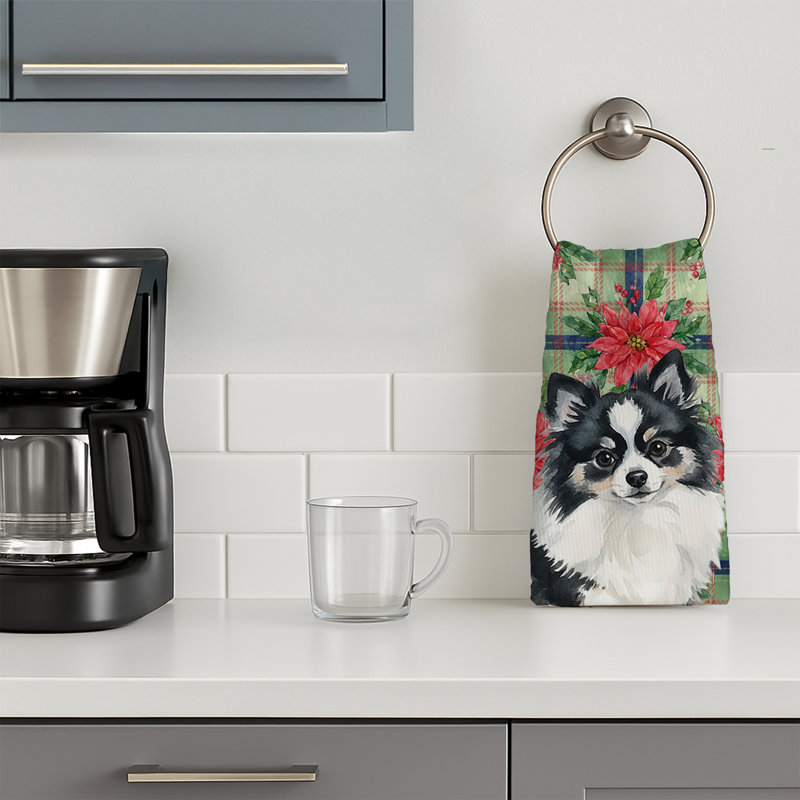 Black and White Pomeranian Christmas PoinsettIas Kitchen Towel, Black/White Pomeranian