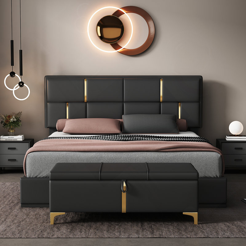 Ensemble de chambre à coucher 2 pièces, lit plateforme tapissier grand avec système de rangement hydraulique