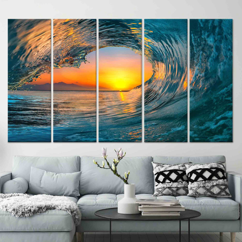 Coucher de soleil, art côtier, toile 5P, H: 59,1 po x l: 98,4 po