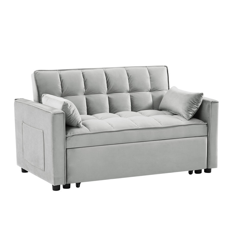 Convertible Sleeper With Pullout Bed And Adjustable In Grey Velvet Modern Reclining Back For Living Room,
