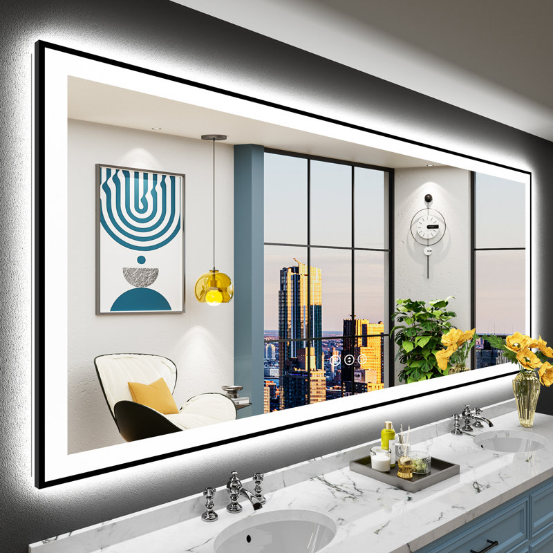 Miroir de salle de bain matte encadré noir matel avec lumières, éclairé à l'avant et à l'arrière, fonction mémoire, 3 températures de couleur, éclairage à intensité variable et miroir en verre trempé anti-buée homologué ETL