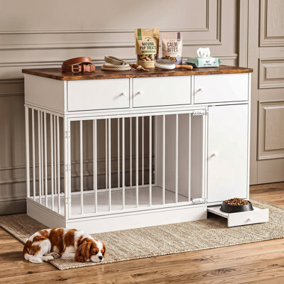 Cage pour chien de style meuble de 120 cm de large avec rangement, niche avec tiroirs, placard et station de gamelle coulissante.