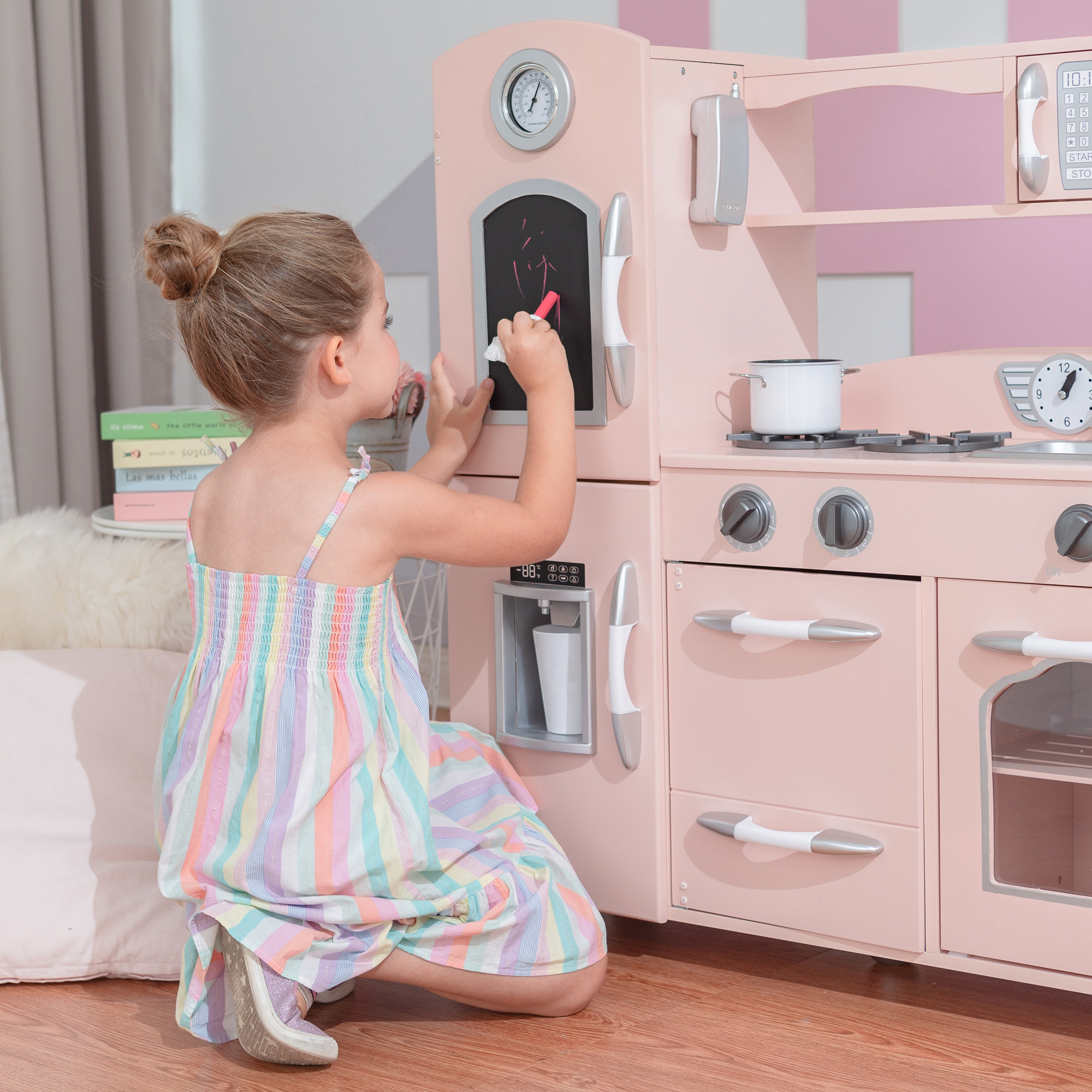 Teamson Kids Retro Wooden Play Kitchen with Chalkboard, Pretend Icemaker & Accessories, Pink