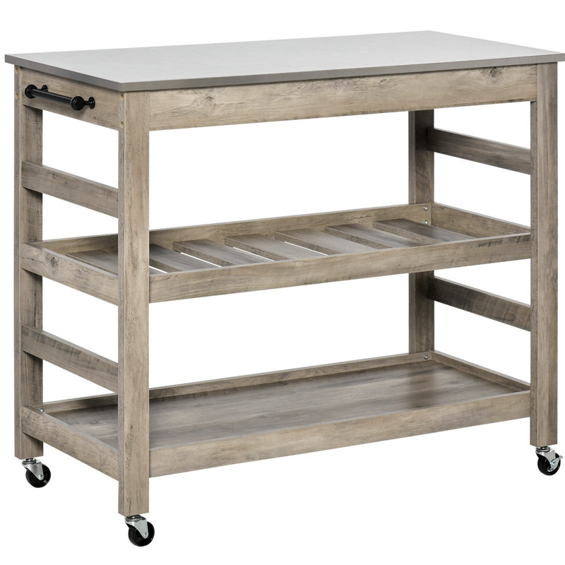 HOMCOM Rolling Kitchen Cart with Stainless Steel Countertop,2 Shelf and Castor Wheels, Grey