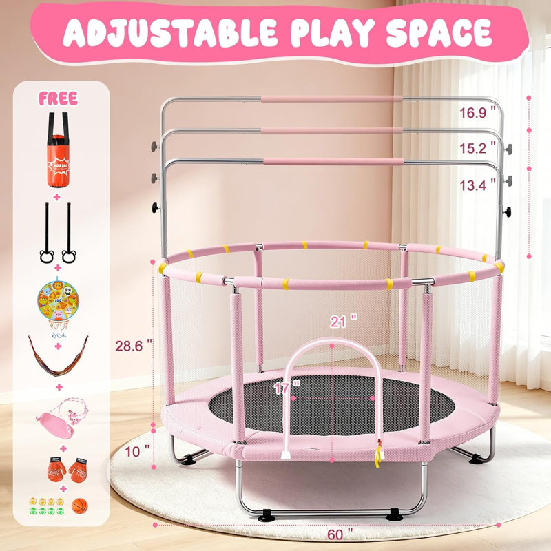 Trampoline 60 po pour enfant avec filet, capacité de 440 lb, avec barre de gymnastique réglable et jouets, cadeau pour les enfants de 3 à 8 ans
