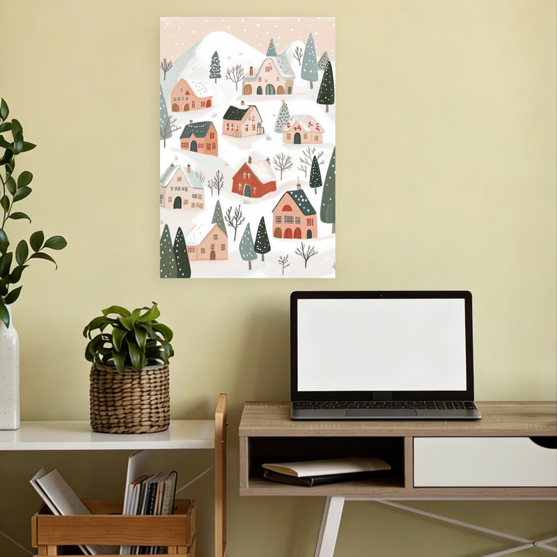 Snowy Holiday Village Peaceful Rustic Abstract Landscape Winter Wall Art Print 1 Piece Wrapped Canvas Wall Art