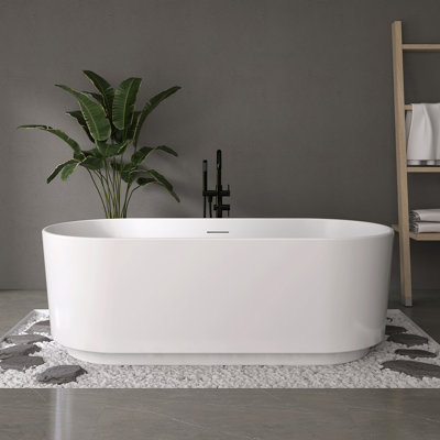 Fslefay 67'' Acrylic White Freestanding Bathtub Soaking Tub with Overflow Oval Shape