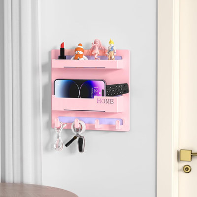 Floating Wall Shelf Organizer For Bedroom - Space Saving Storage Solution With Hooks, No Drill Installation, Sturdy Plastic Design For Bedside, Bathroom, Dorm, RV And Office