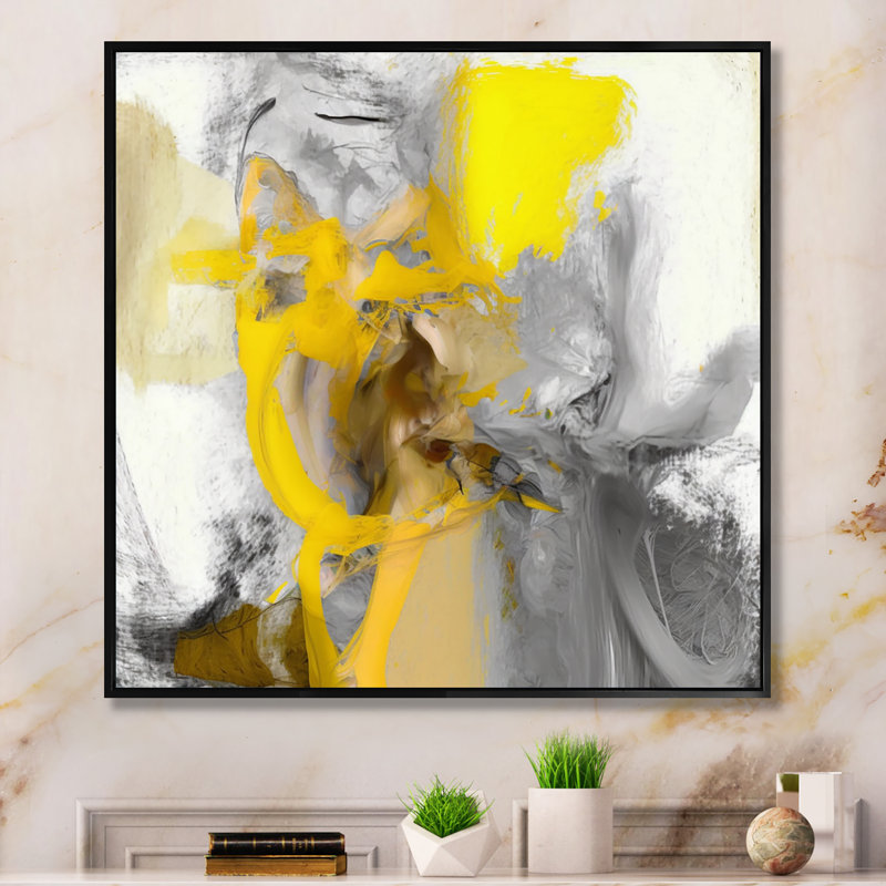 Moutarde jaune et gris vif I - décoration murale abstraite, H 30 po x l 30 po, Toile avec cadre flottant, Noir