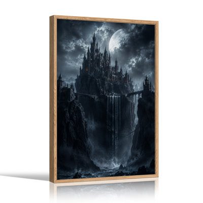 Art sur toile, château gothique foncé au-dessus d'une cascade et de la pleine lune