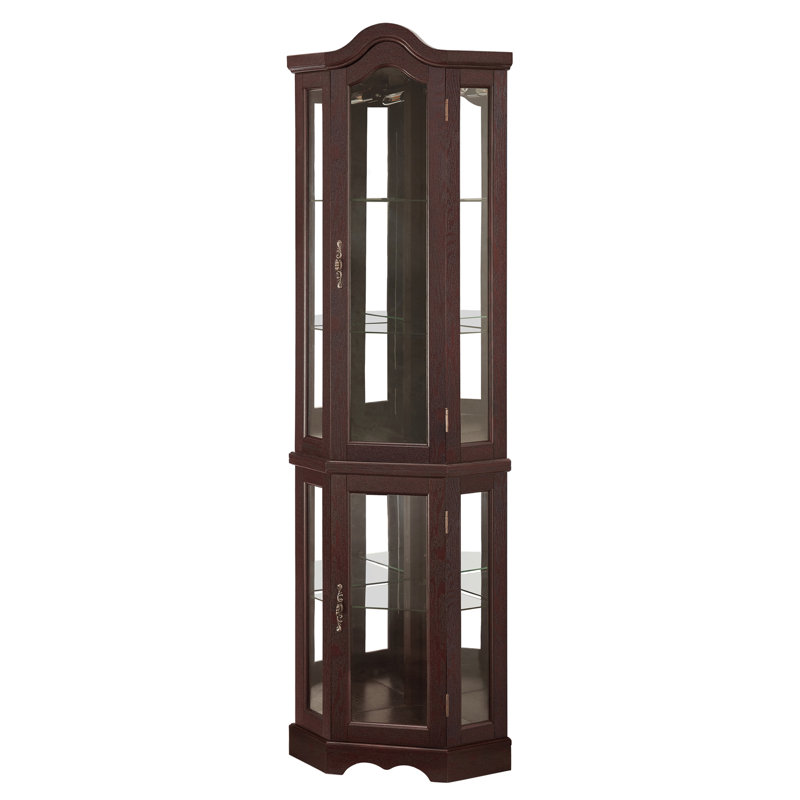 Lighted Corner Curio Cabinet With Tempered Glass Doors & Shelves - Elegant Oak Display Storage For Living Room & Bedroom Decor-DARK CHERRY