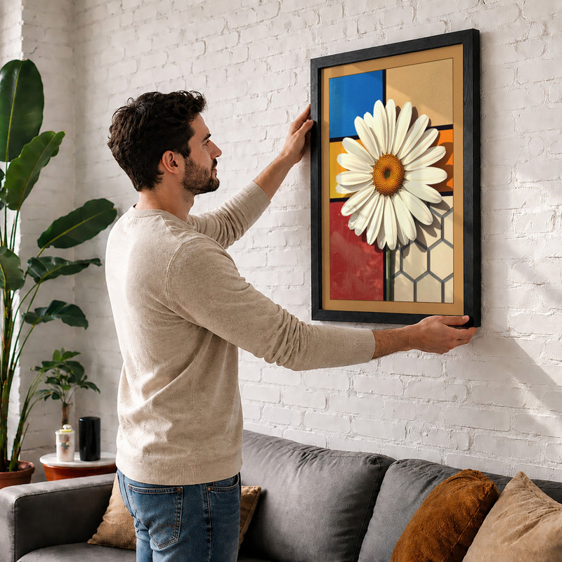 Daisy Geometric - Framed Print, A2 - 59.4 x 42.0 cm, Black
