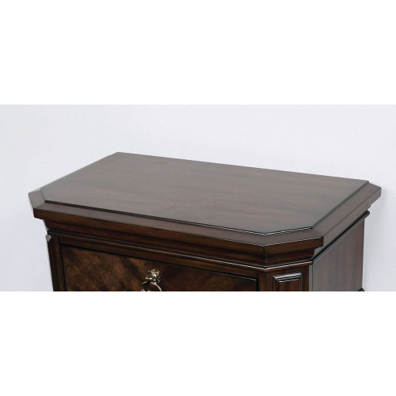 Table de chevet 1 pièce espresso avec sculptures en faux bois et poignées anneaux en bronze - 2 tiroirs