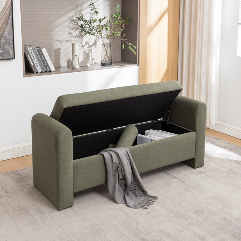 Banc de rangement rembourré en polyester Lataja, Vert forêt, H 24 po x l 57 po x P 19,7 po