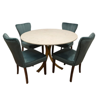 Ensemble de salle à manger rond en marbre ivoire et or cinq pièces avec quatre chaises