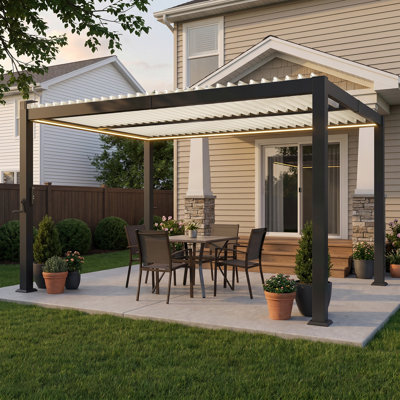 10 X 13 Ft Louvered Pergola With Brightness Lighting, Aluminum Outdoor Gazebo With Adjustable Waterproof Roof For Patio, Deck & Hot Tub