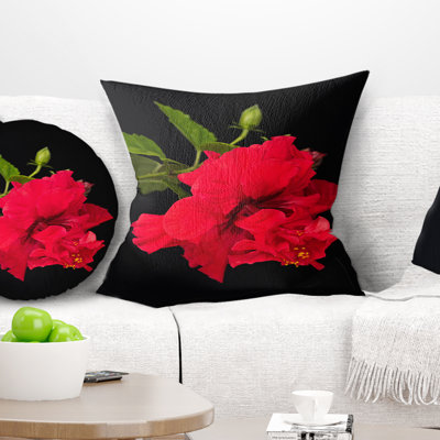 Hibiscus rouge vif sur fond noir - coussin à imprimé floral