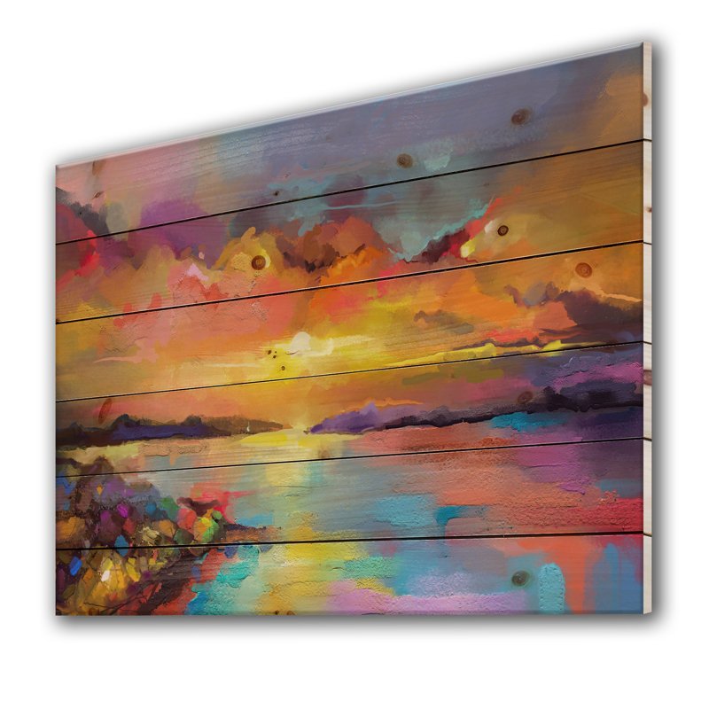 Coucher de soleil avec des reflets colorés I - Reproduction d'art sur bois sans cadre, H 34 po x l 44 po x P 1,5 po