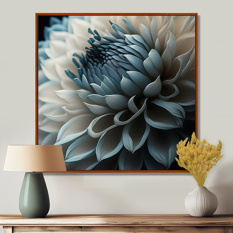 Bleu et blanc fleurs de dahlia II - art mural dahlia, H 36 po x l 36 po, Cadre flottant brun