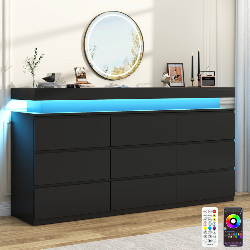 9-Drawer Modern Storage Dresser With Led Lighting, Wide Chest Of Drawers For Bedroom, Living Room & Entryway Organization Wrought Studio Color: Black