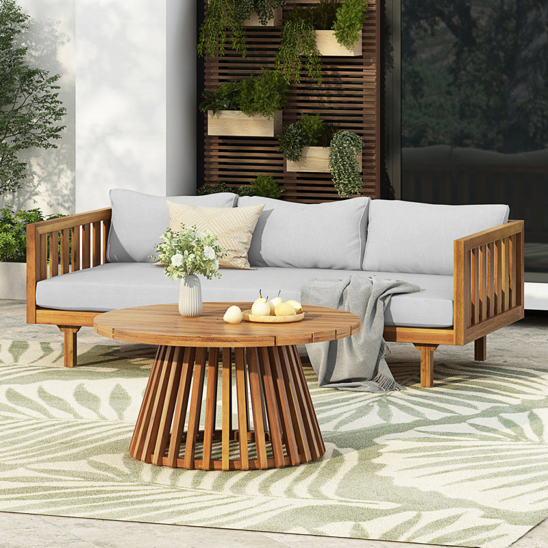 Patio Furniture Set, Outdoor 3 Seater Sofa And Round Coffee Table, Light Gray